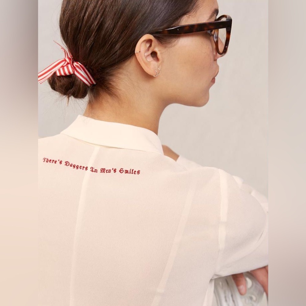 Reformation white sheer button up with embroidery